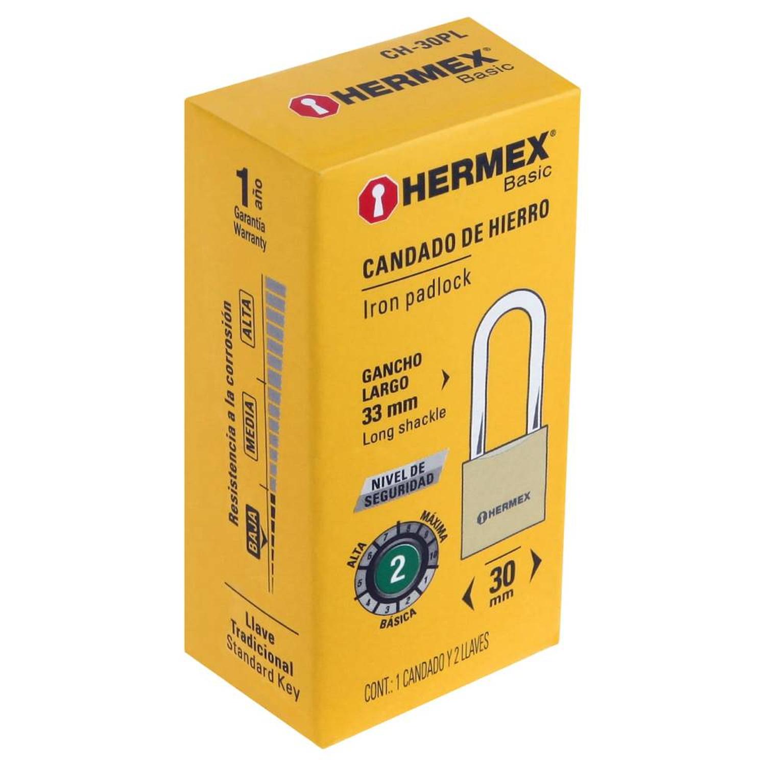 CANDADO DE HIERRO 30 MM ARCO LARGO CON LLAVE TRADICIONAL NIVEL 2 HERMEX 27070 - 2