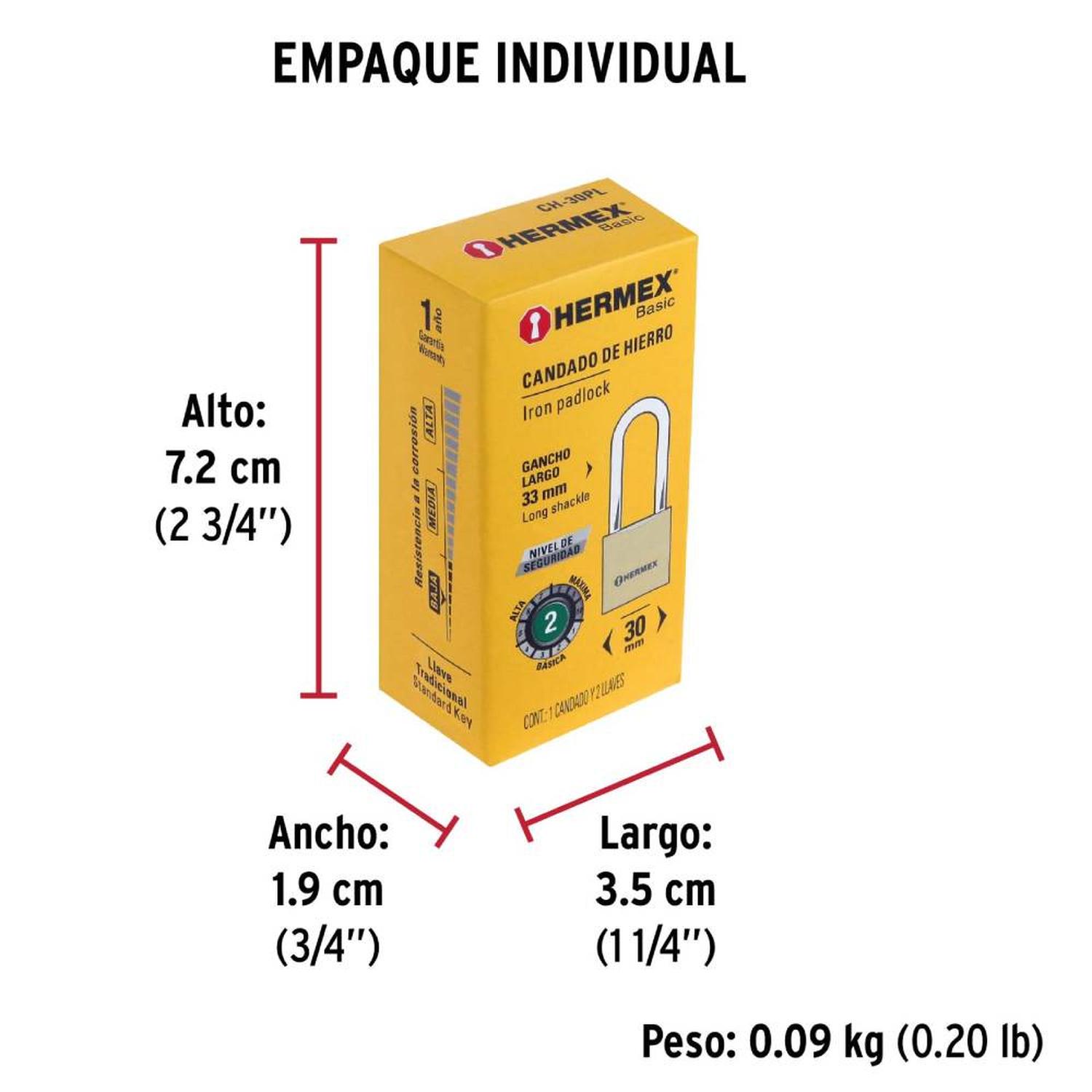 CANDADO DE HIERRO 30 MM ARCO LARGO CON LLAVE TRADICIONAL NIVEL 2 HERMEX 27070 - 5
