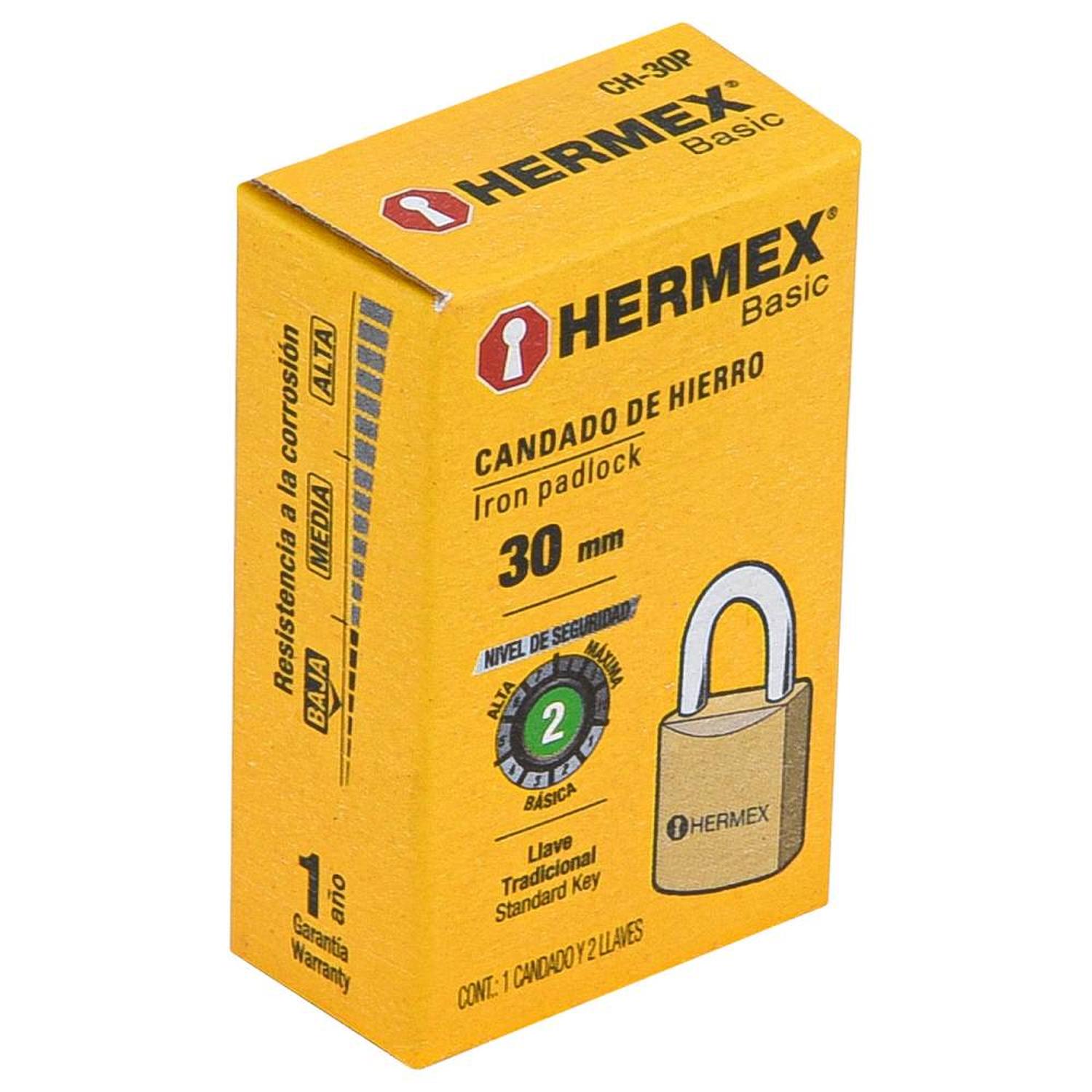 CANDADO DE HIERRO 30 MM ARCO CORTO CON LLAVE TRADICIONAL NIVEL 2 HERMEX 23522 - 2