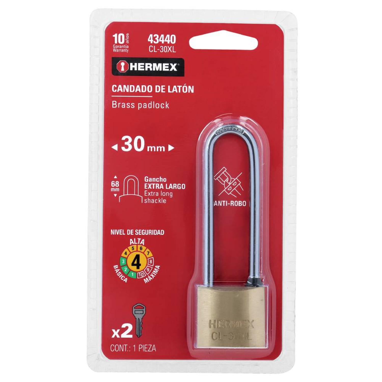 CANDADO DE HIERRO 30 MM ARCO EXTRA LARGO CON LLAVE TRADICIONAL NIVEL 4 HERMEX 43440 - 2