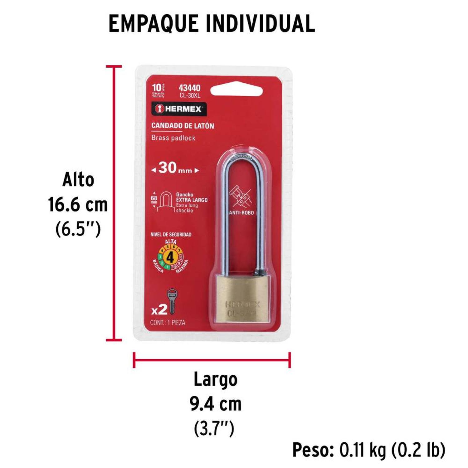 CANDADO DE HIERRO 30 MM ARCO EXTRA LARGO CON LLAVE TRADICIONAL NIVEL 4 HERMEX 43440 - 4