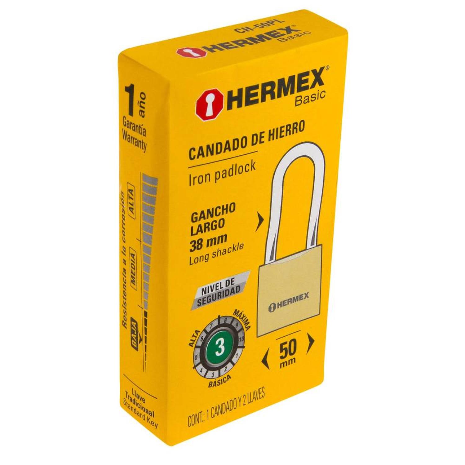 CANDADO DE HIERRO 50 MM ARCO LARGO CON LLAVE TRADICIONAL NIVEL 3 HERMEX 27072 - 2