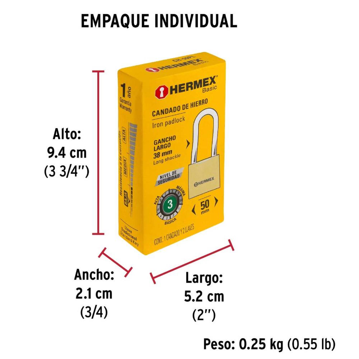 CANDADO DE HIERRO 50 MM ARCO LARGO CON LLAVE TRADICIONAL NIVEL 3 HERMEX 27072 - 5