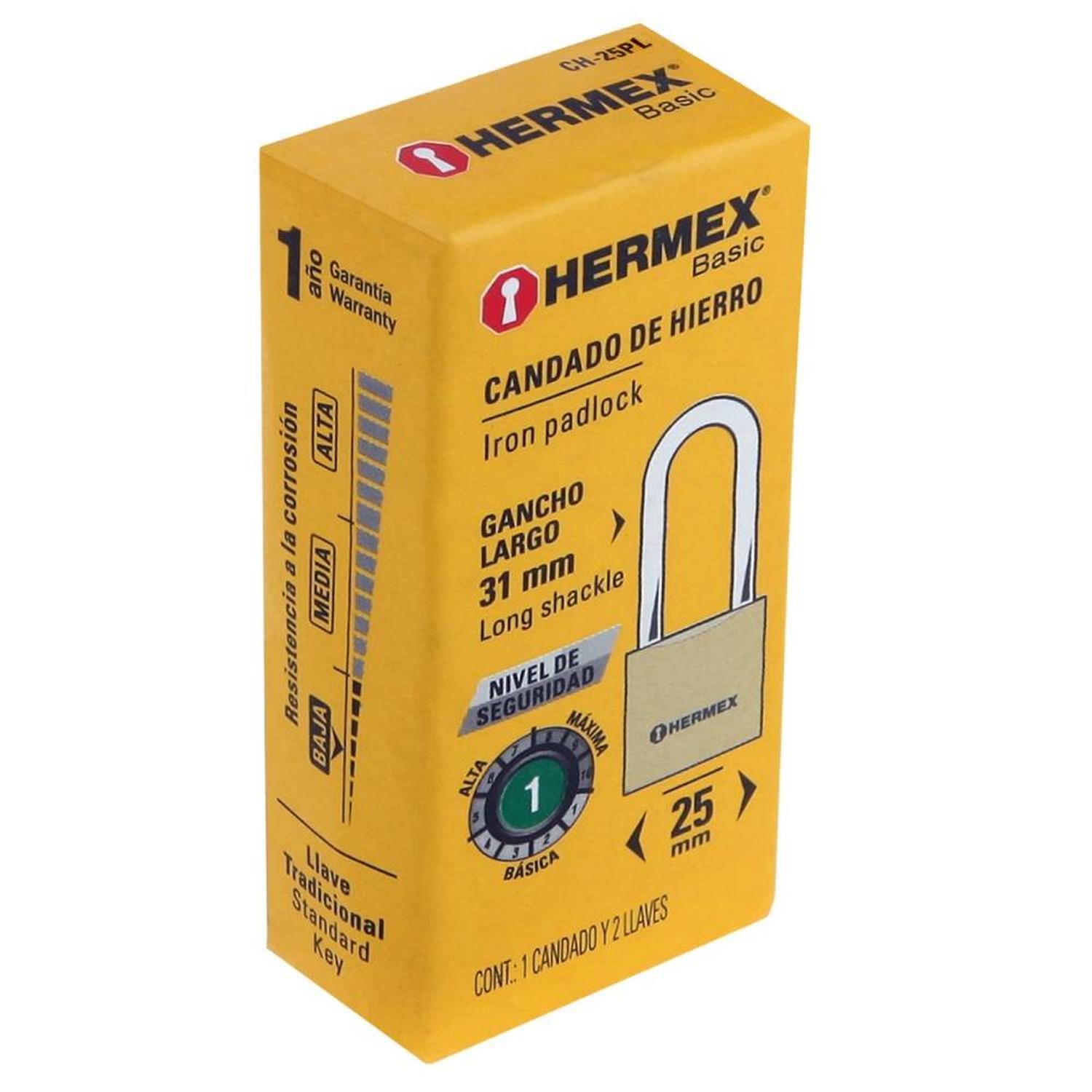 CANDADO DE HIERRO 25 MM ARCO LARGO CON LLAVE TRADICIONAL NIVEL 1 HERMEX 27069 - 2