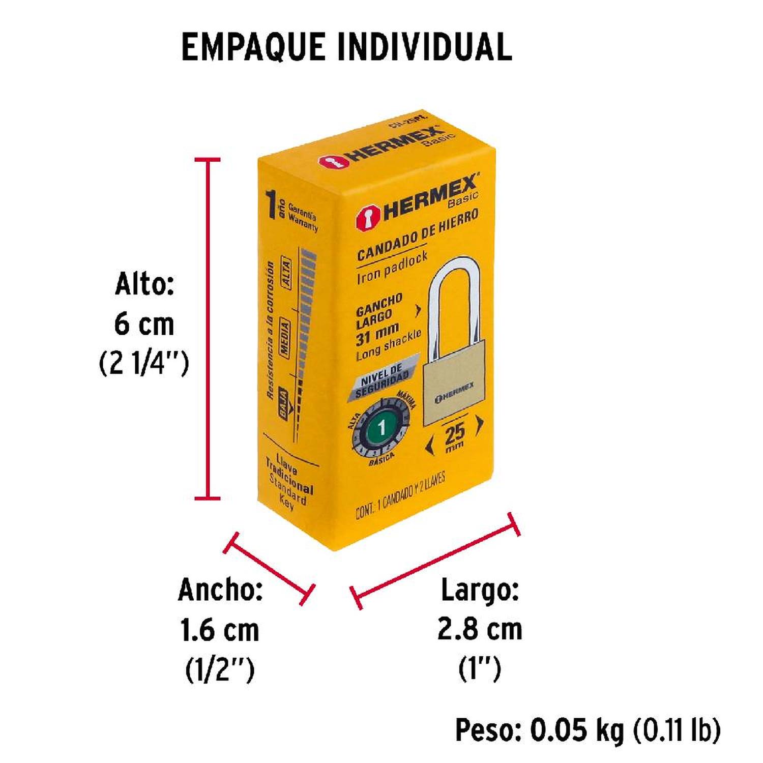CANDADO DE HIERRO 25 MM ARCO LARGO CON LLAVE TRADICIONAL NIVEL 1 HERMEX 27069 - 5
