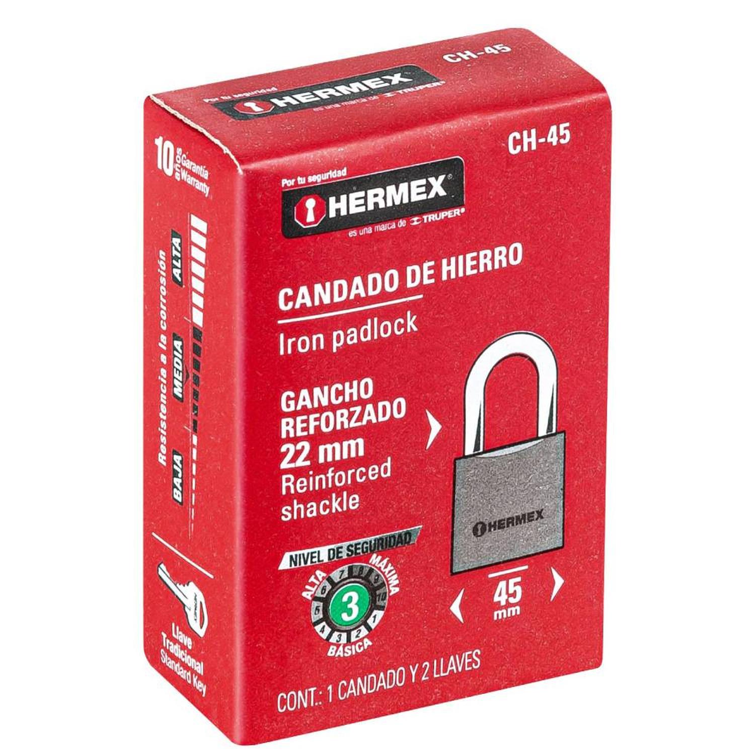 CANDADO DE HIERRO ARCO CORTO 45 MM CON LLAVE TRADICIONAL NIVEL 4 HERMEX 43316 - 2