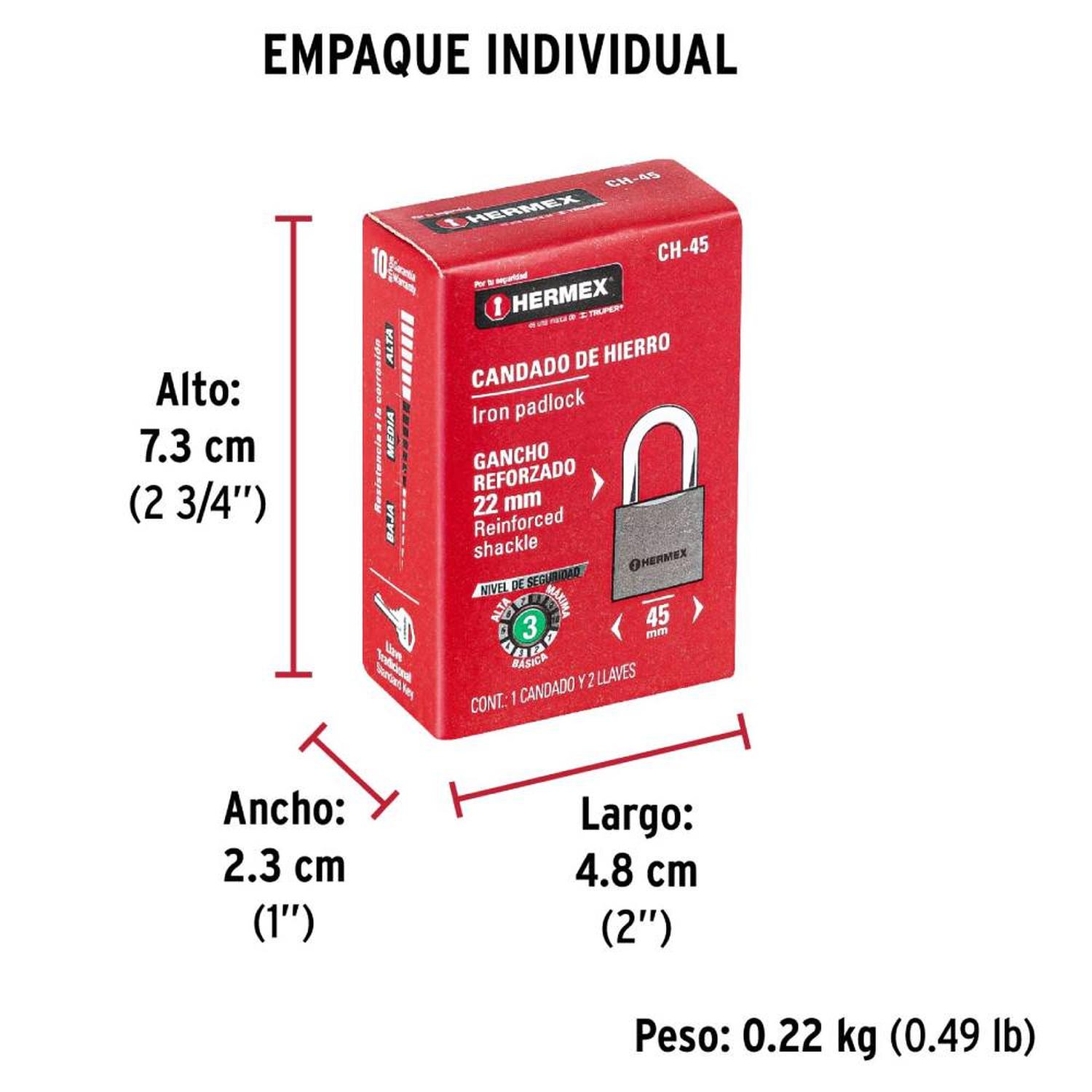 CANDADO DE HIERRO ARCO CORTO 45 MM CON LLAVE TRADICIONAL NIVEL 4 HERMEX 43316 - 5