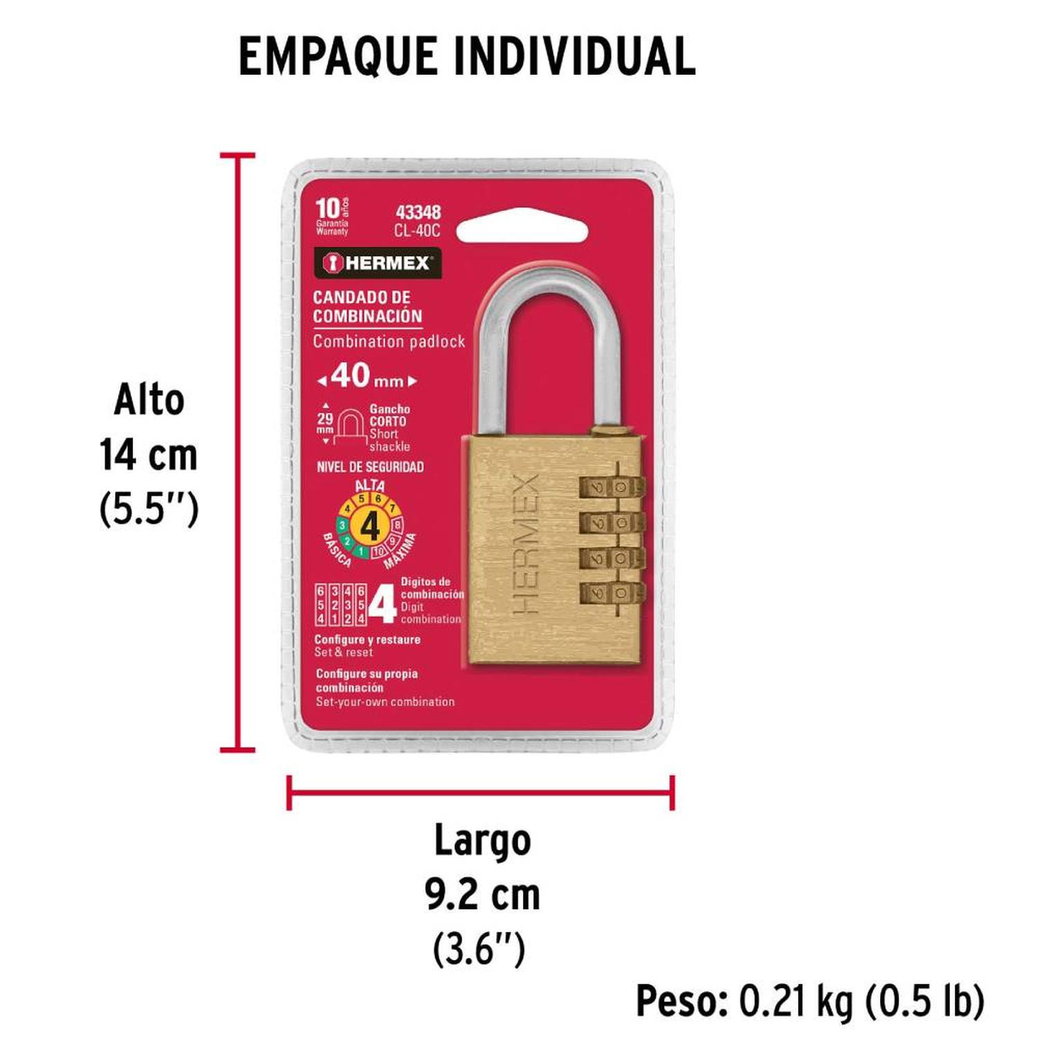 CANDADO DE LATON 40 MM DE COMBINACIÓN 4 DIGITOS NIVEL 4 HERMEX 43348 - 5