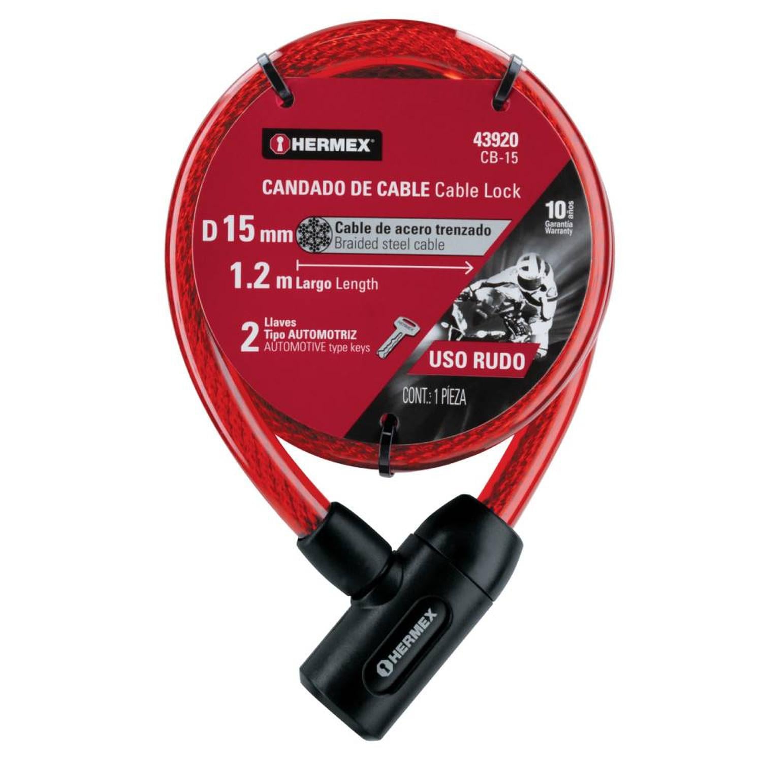 CANDADO DE CABLE DE ACERO 15 MM X 1,20 M CON LLAVE TIPO AUTOMOTRIZ HERMEX 43920 - 1
