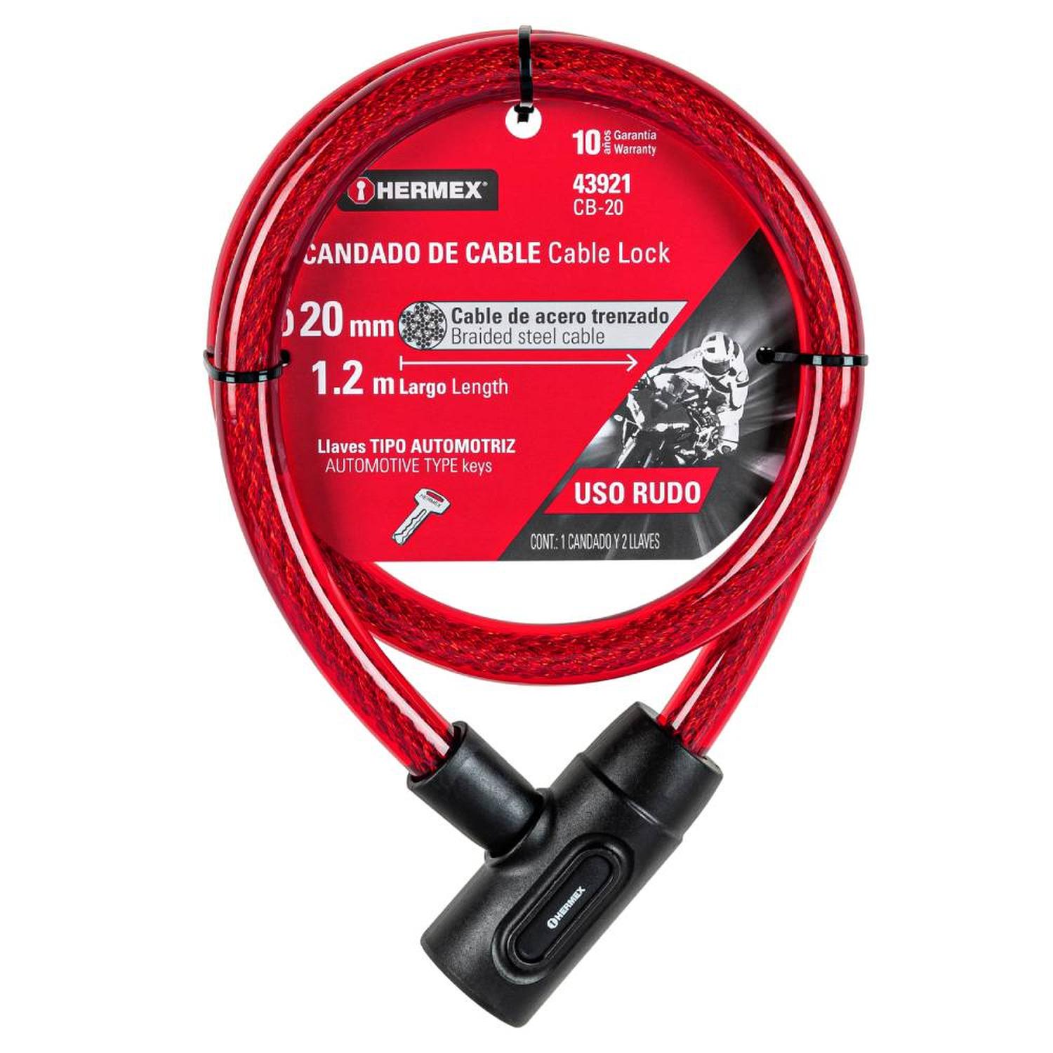 CANDADO DE CABLE DE ACERO 20 MM X 1,20 M CON LLAVE TIPO AUTOMOTRIZ HERMEX 43921 - 1