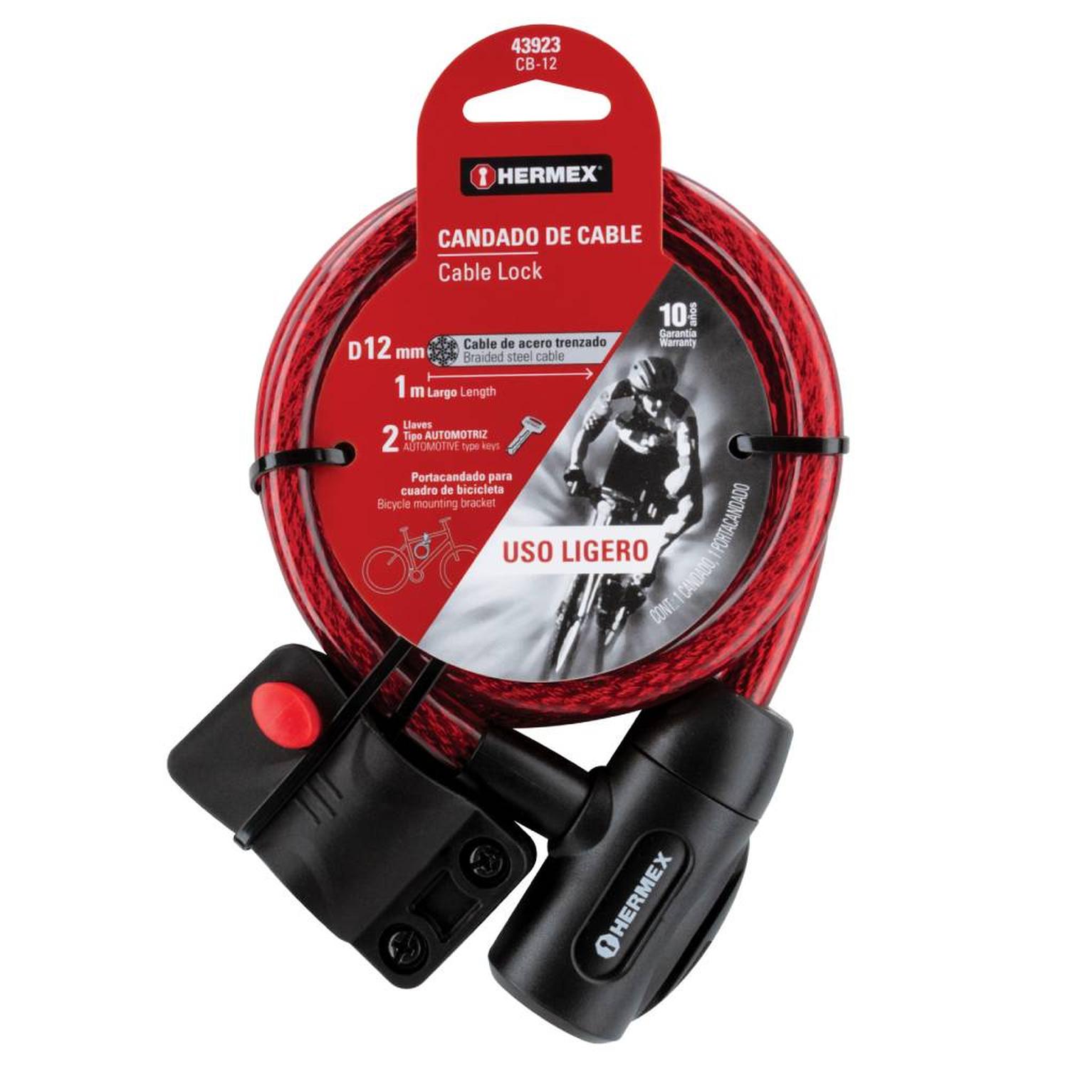 CANDADO DE CABLE DE ACERO 12 MM X 1 M CON LLAVE TIPO AUTOMOTRIZ HERMEX 43923 - 1