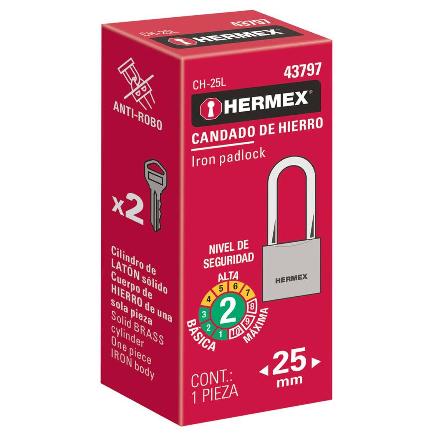 CANDADO DE HIERRO ARCO LARGO 25 MM CON LLAVE TRADICIONAL NIVEL 2 HERMEX 43797 - 2