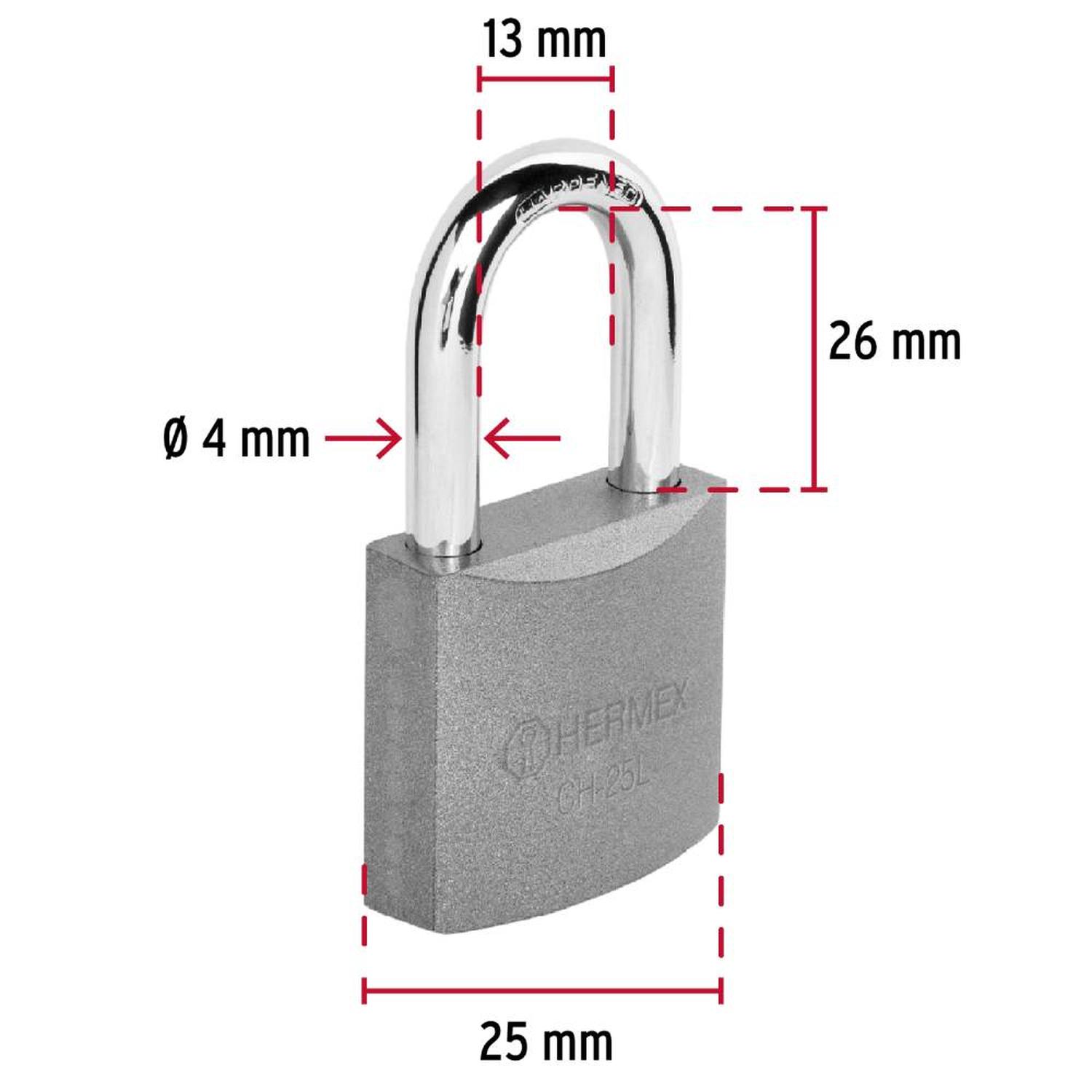 CANDADO DE HIERRO ARCO LARGO 25 MM CON LLAVE TRADICIONAL NIVEL 2 HERMEX 43797 - 3