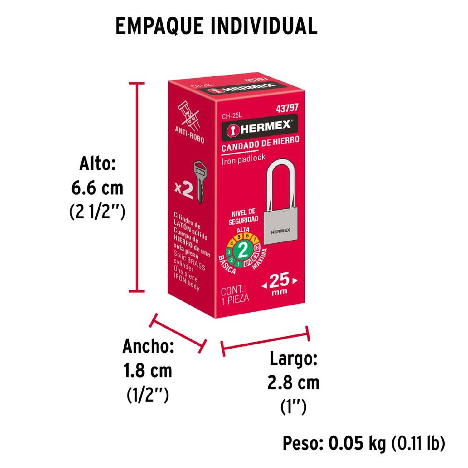 CANDADO DE HIERRO ARCO LARGO 25 MM CON LLAVE TRADICIONAL NIVEL 2 HERMEX 43797 - 5