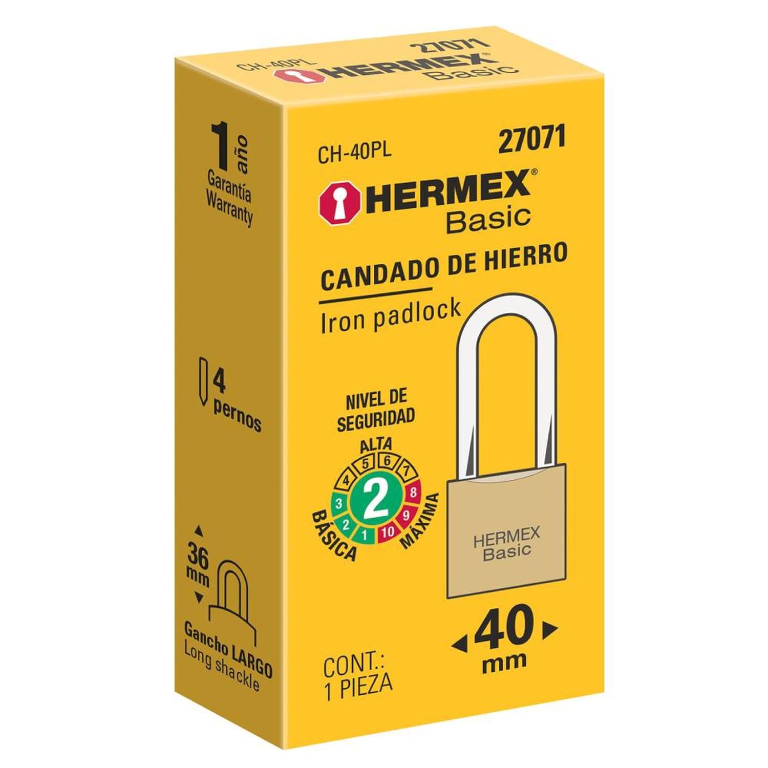 CANDADO DE HIERRO 40 MM ARCO LARGO CON LLAVE TRADICIONAL NIVEL 2 HERMEX 27071 - 2