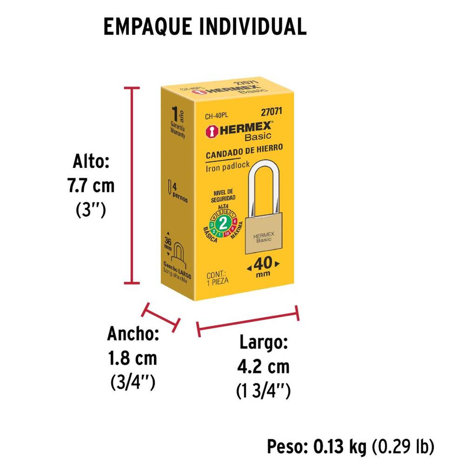 CANDADO DE HIERRO 40 MM ARCO LARGO CON LLAVE TRADICIONAL NIVEL 2 HERMEX 27071 - 5
