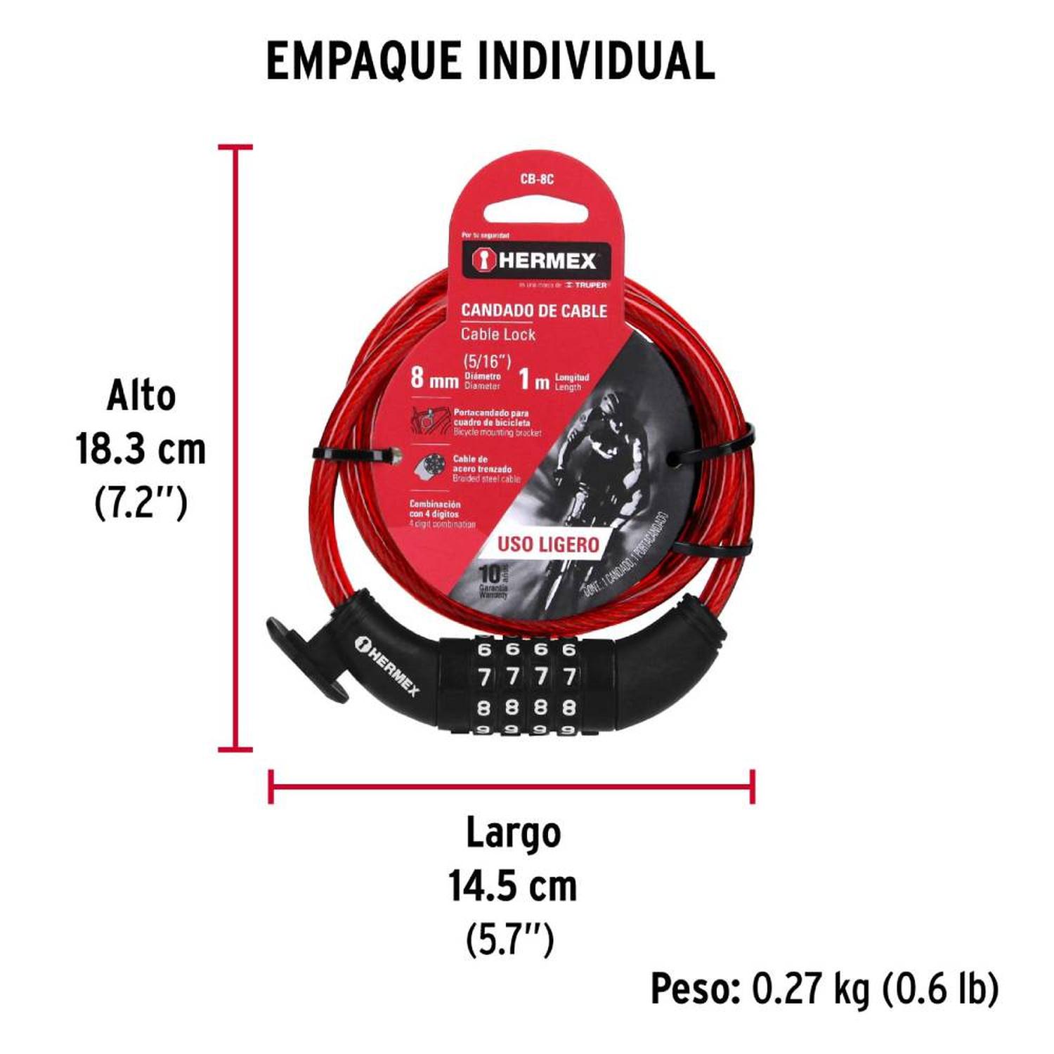 CANDADO DE CABLE DE ACERO 8 MM X 1 M CON COMBINACIÓN HERMEX 43924 - 4