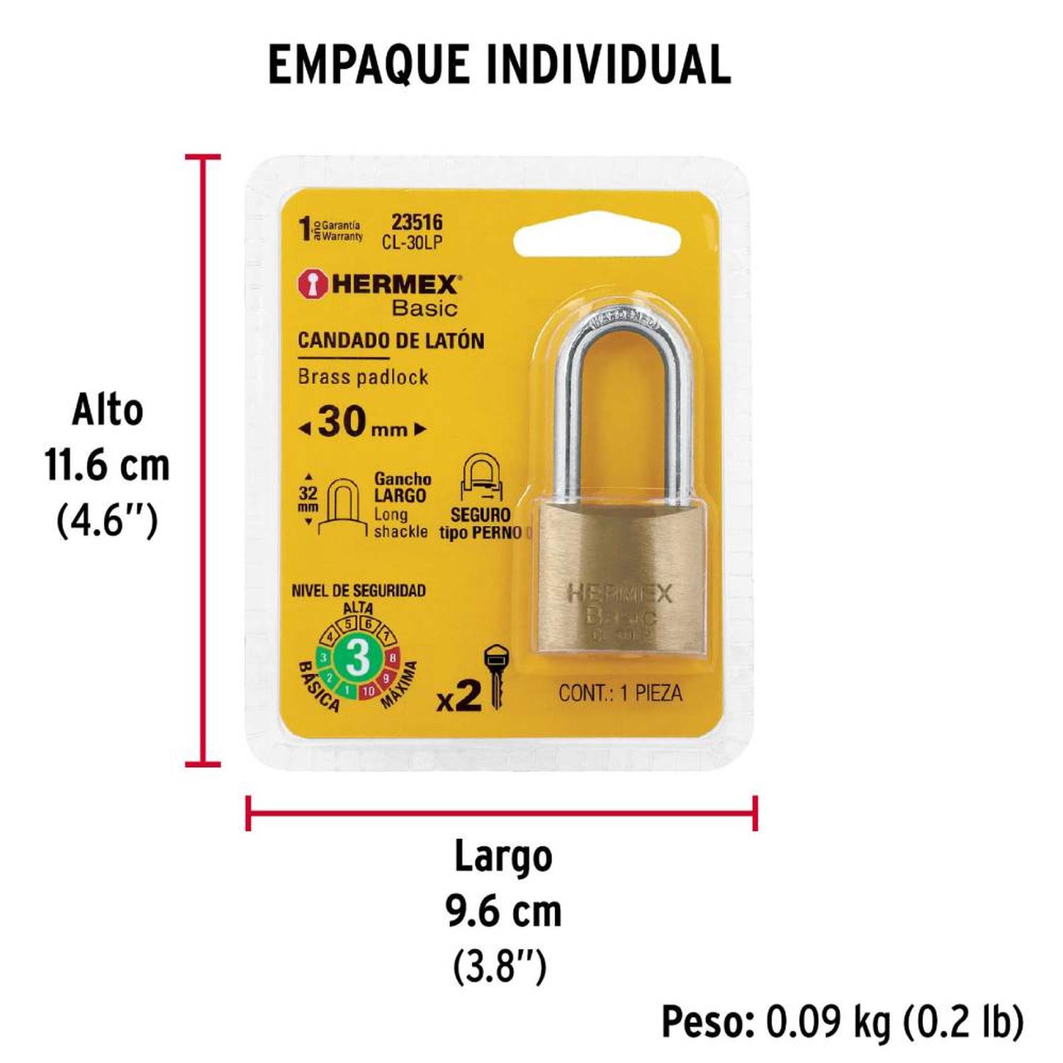CANDADO DE HIERRO 30 MM ARCO LARGO CON LLAVE TRADICIONAL NIVEL 4 HERMEX 23516 - 5