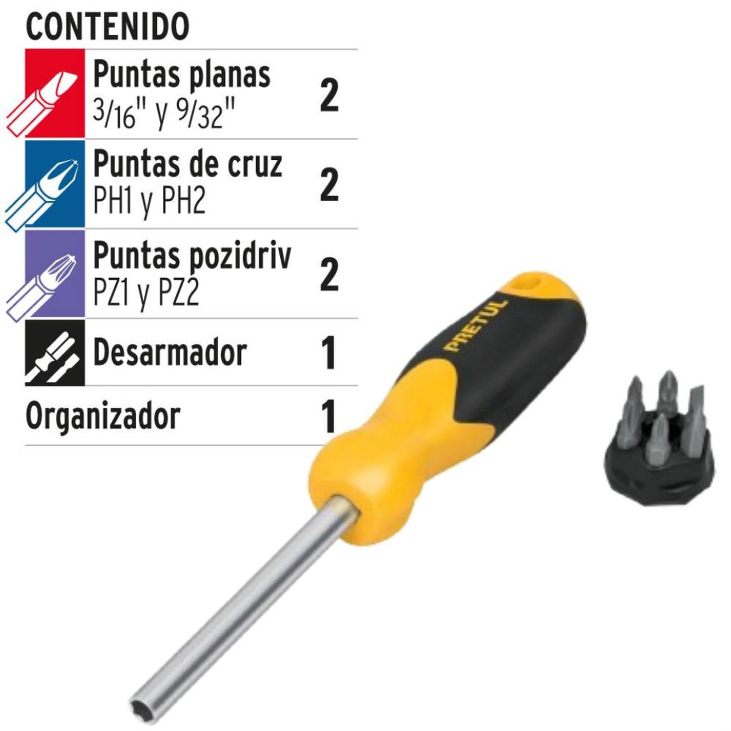 JUEGO DE DESARMADOR DE MATRACA 1/4' + PUNTAS 7 PZ PRETUL 21372 - 3