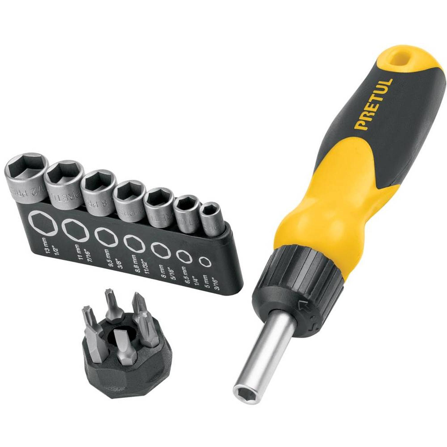 JUEGO DE DESARMADOR DE MATRACA 1/4' + PUNTAS Y DADOS 14 PZ PRETUL 22974 - 1