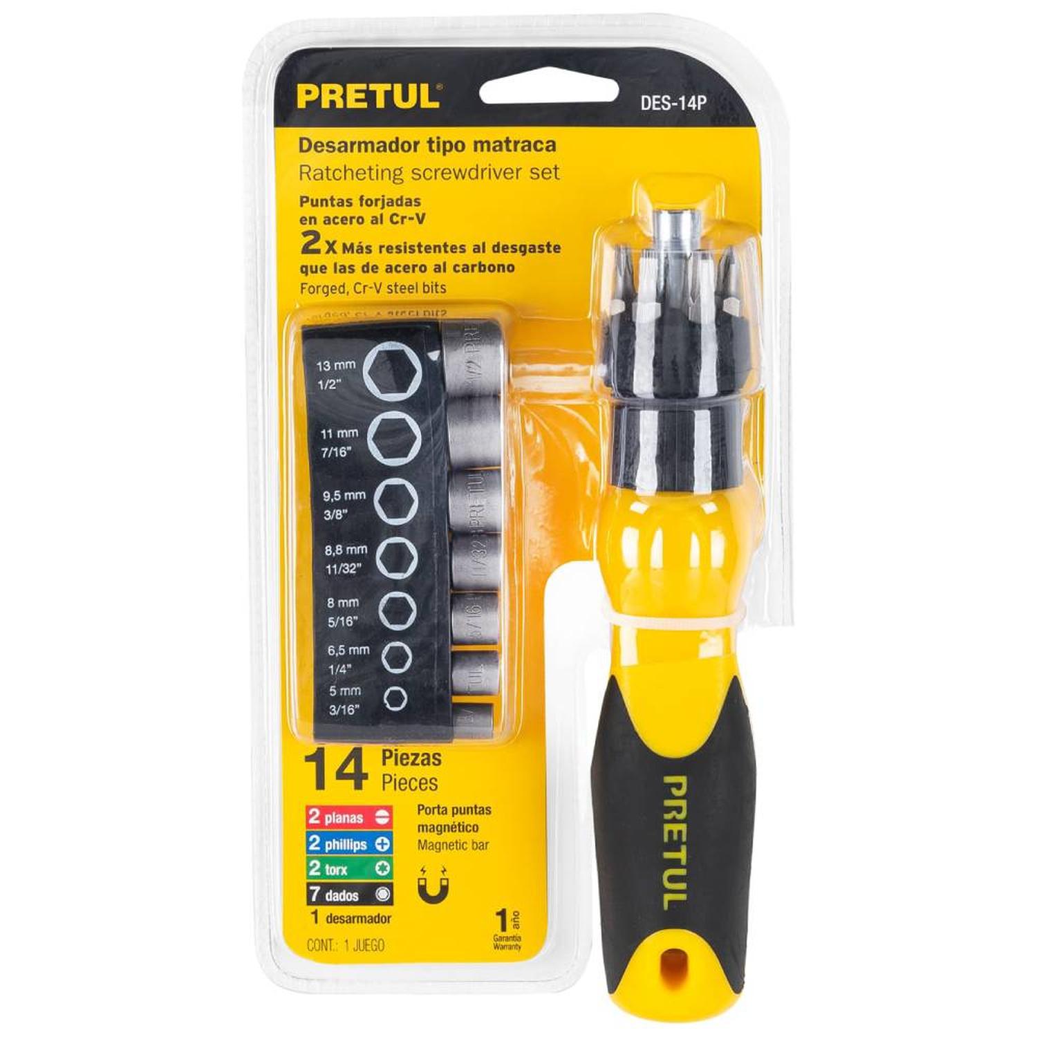 JUEGO DE DESARMADOR DE MATRACA 1/4' + PUNTAS Y DADOS 14 PZ PRETUL 22974 - 2