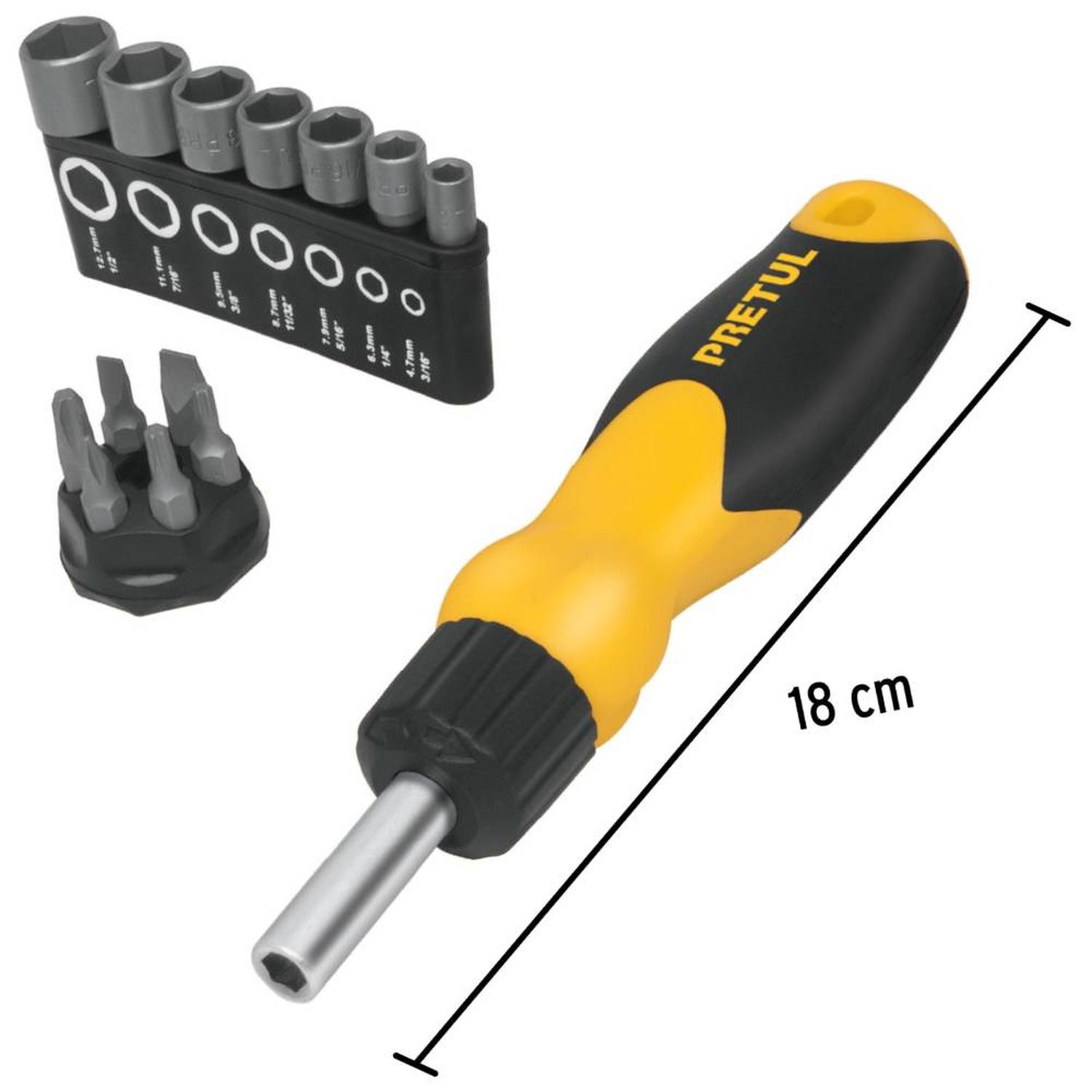 JUEGO DE DESARMADOR DE MATRACA 1/4' + PUNTAS Y DADOS 14 PZ PRETUL 22974 - 3