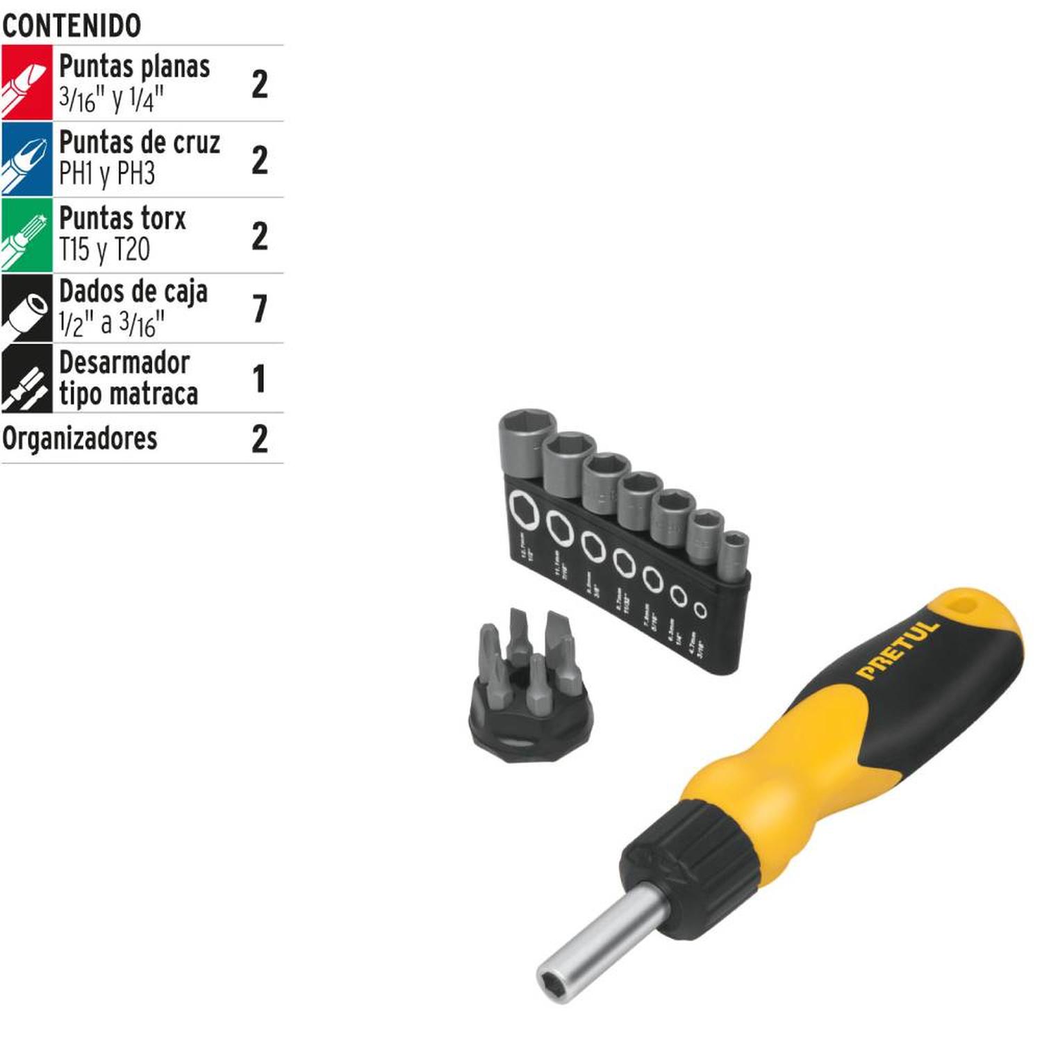 JUEGO DE DESARMADOR DE MATRACA 1/4' + PUNTAS Y DADOS 14 PZ PRETUL 22974 - 4