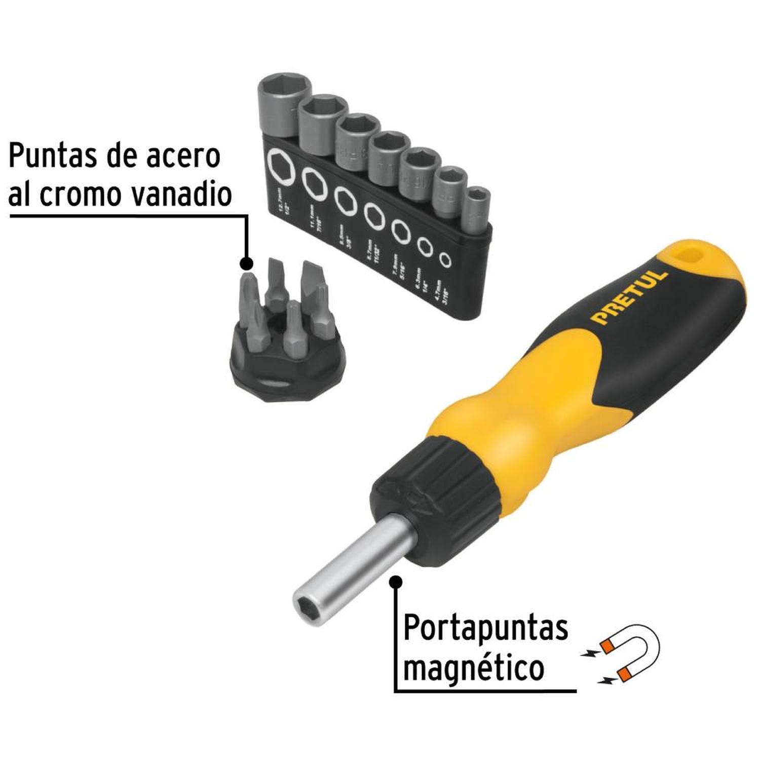 JUEGO DE DESARMADOR DE MATRACA 1/4' + PUNTAS Y DADOS 14 PZ PRETUL 22974 - 5