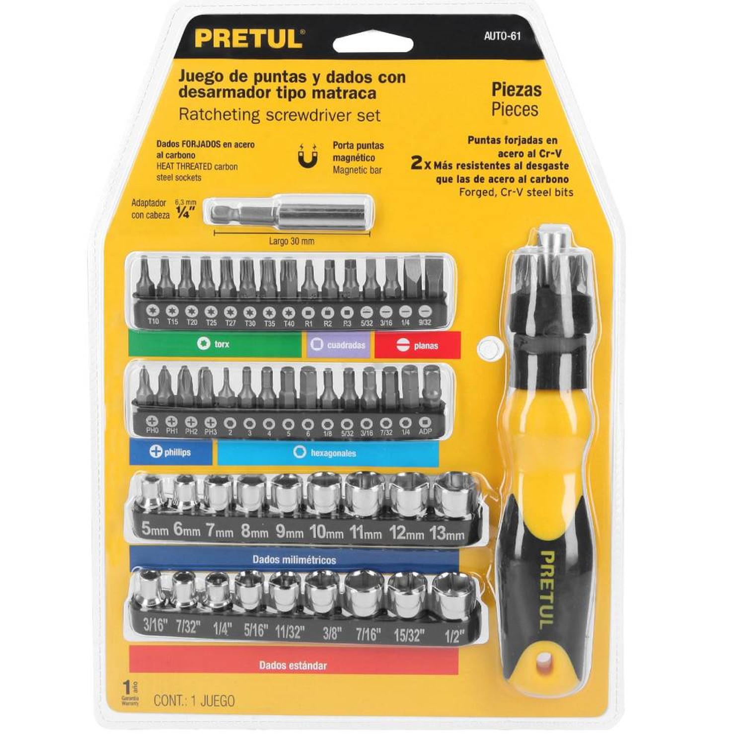 JUEGO DE DESARMADOR DE MATRACA 1/4' + PUNTAS Y DADOS 56 PZ PRETUL 22976 - 2