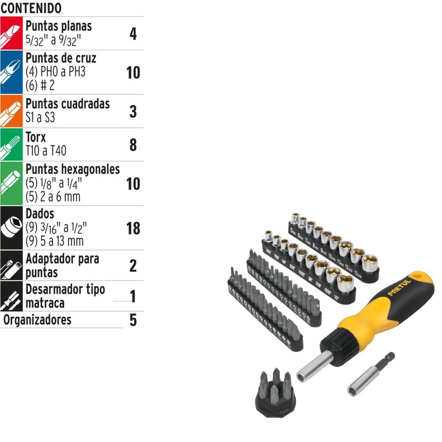JUEGO DE DESARMADOR DE MATRACA 1/4' + PUNTAS Y DADOS 56 PZ PRETUL 22976 - 3