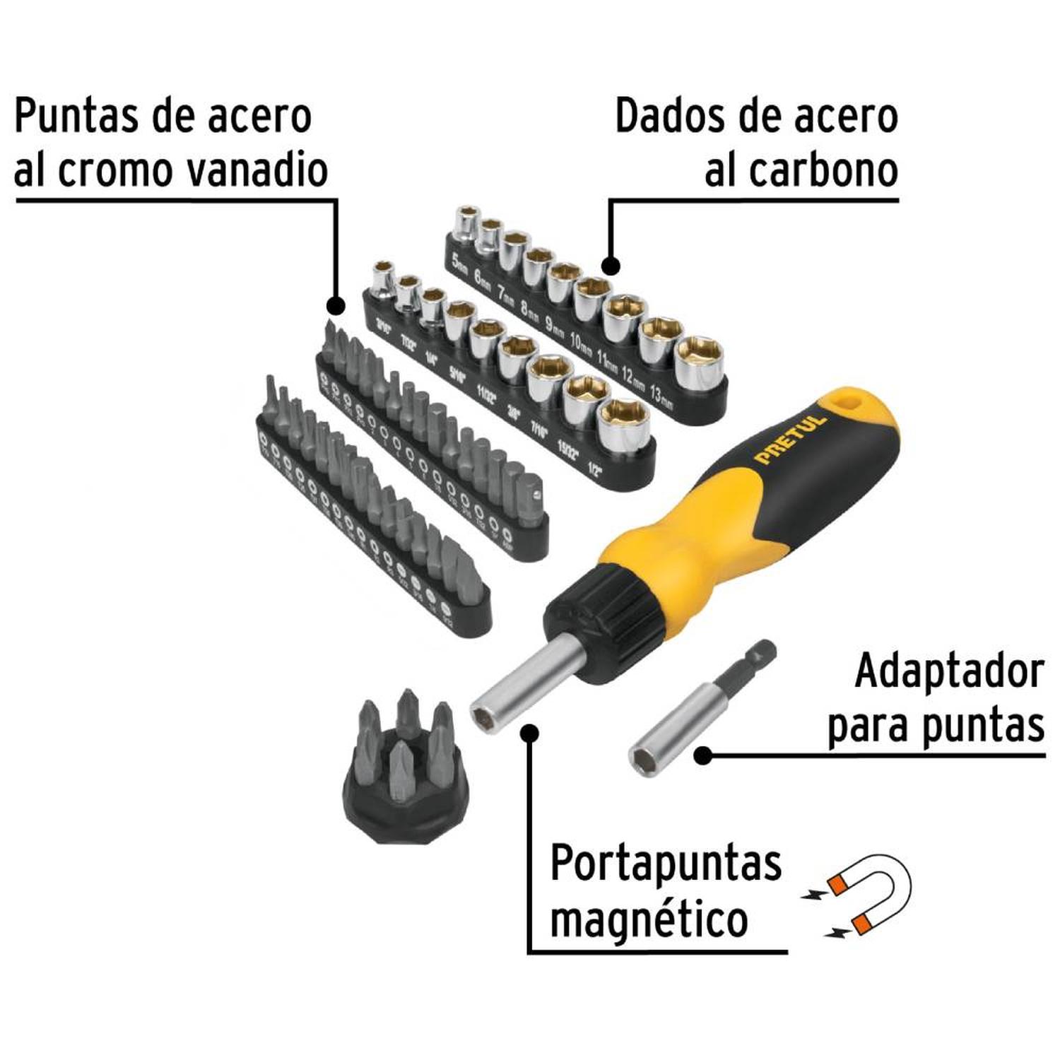 JUEGO DE DESARMADOR DE MATRACA 1/4' + PUNTAS Y DADOS 56 PZ PRETUL 22976 - 4