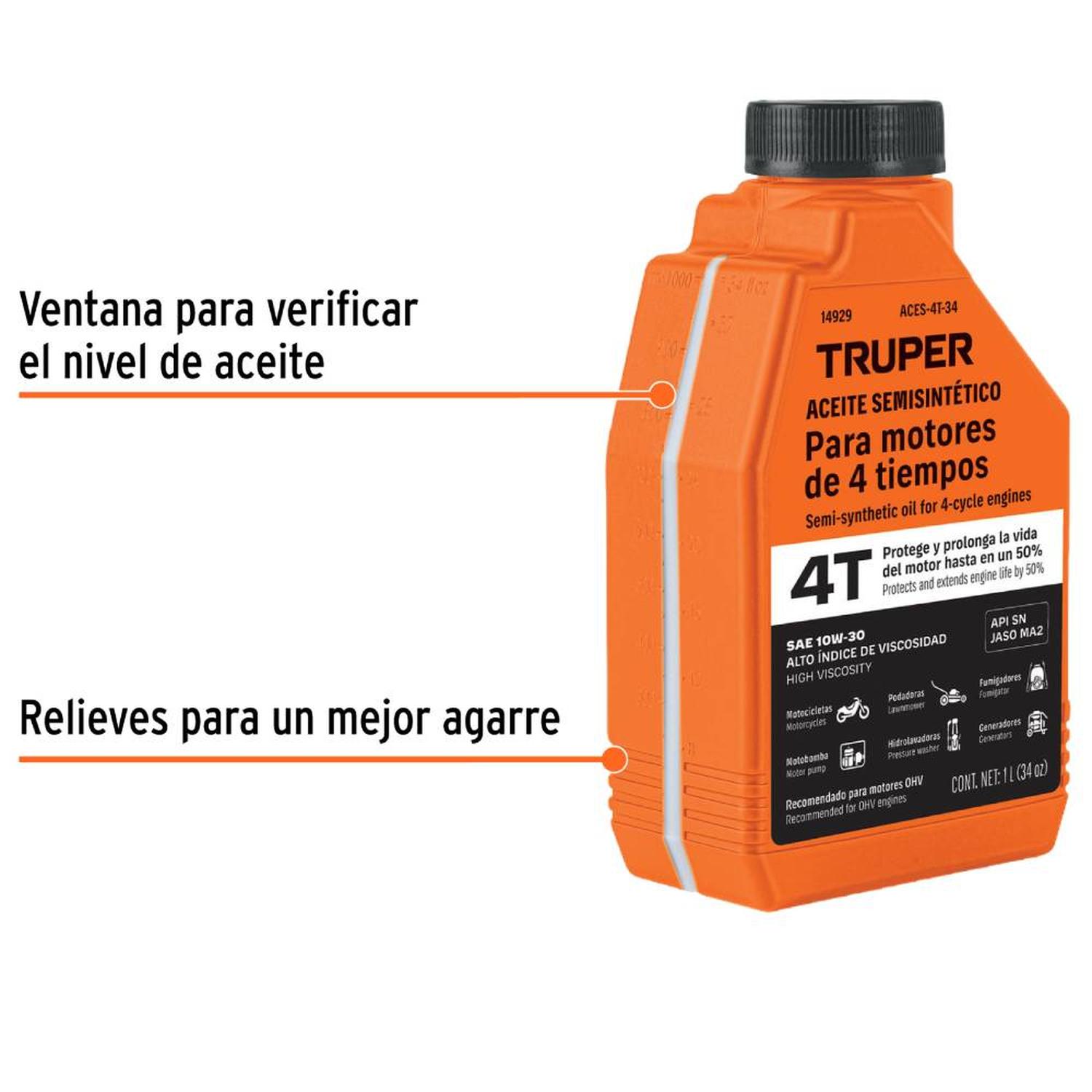 ACEITE SEMI-SINTÉTICO PARA MOTOR 4 TIEMPOS 1000 ML (34OZ) TRUPER 14929 - 2