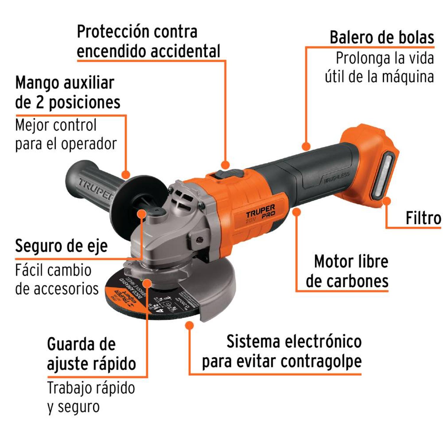 AMOLADORA ANGULAR 4 1/2' 20V BRUSHLESS BARETOOL 7200RPM TRUPER 103255 - 3