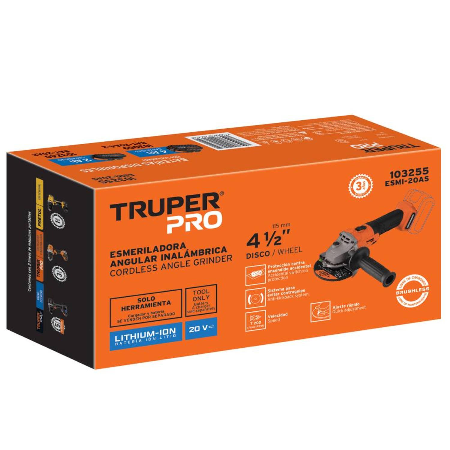 AMOLADORA ANGULAR 4 1/2' 20V BRUSHLESS BARETOOL 7200RPM TRUPER 103255 - 4