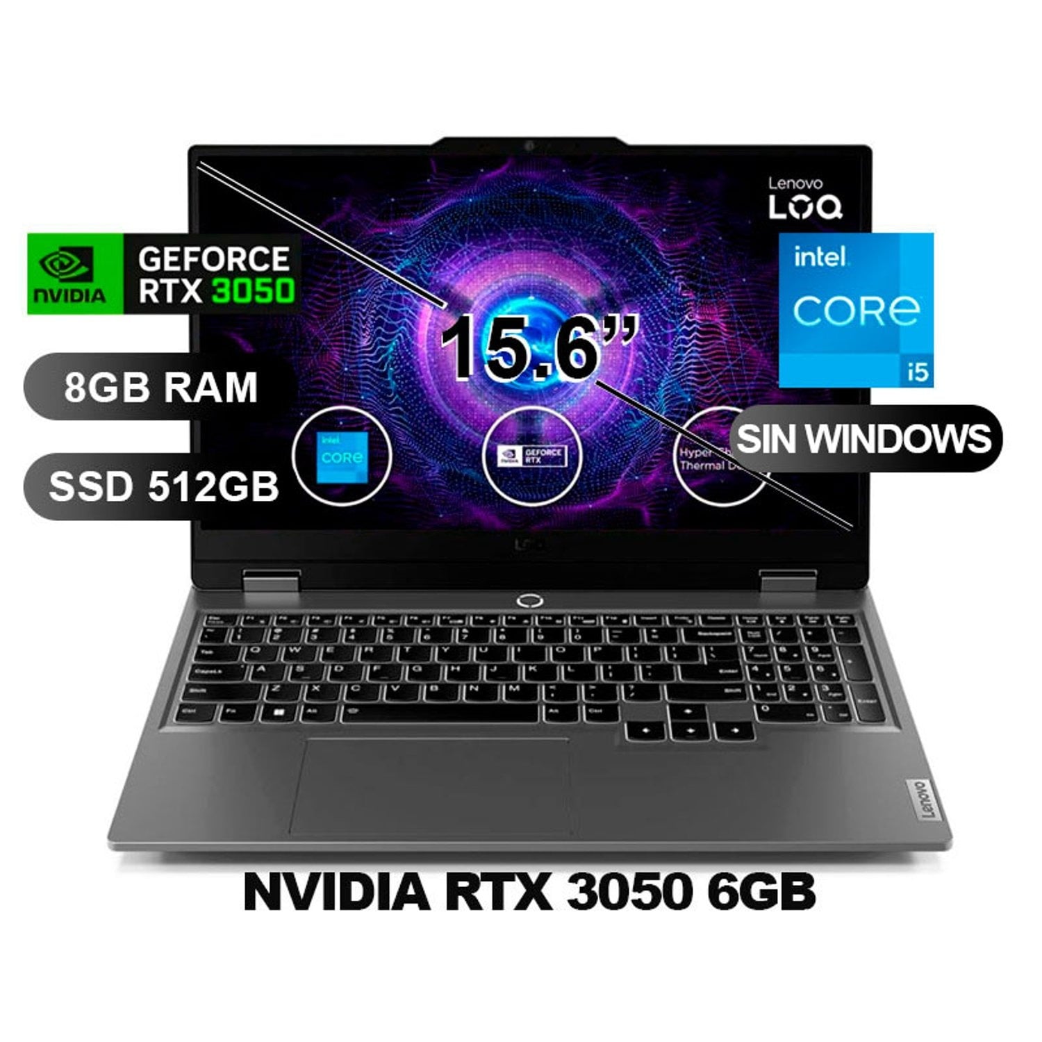 LAPTOP LENOVO LOQ 15IAX9 I5-12450HX, RTX3050, 8GB RAM, 512GB SSD, 15.6', SIN WINDOWS (83GS006WLM) - 1