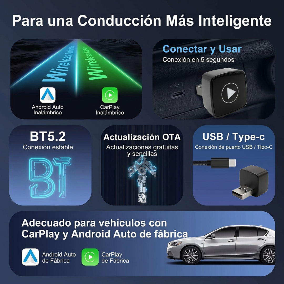 ADAPTADOR INALÁMBRICO CARPLAY/ANDROID AUTO 2.4 GHZ + 5GHZ BT 5.2 OZ TUNNING - 4