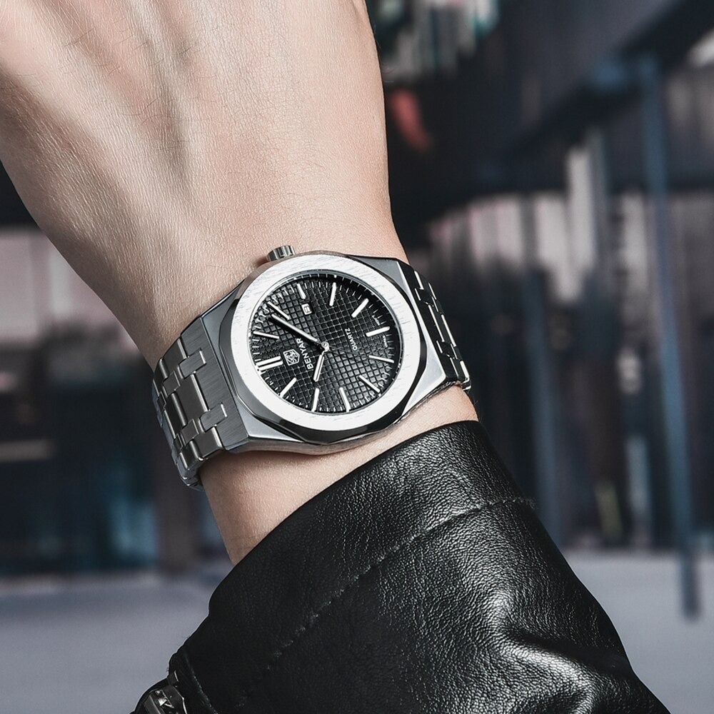 RELOJ HOMBRE LUJO BENYAR 5156 METÁLICO OCTOGONAL NEGRO - 2