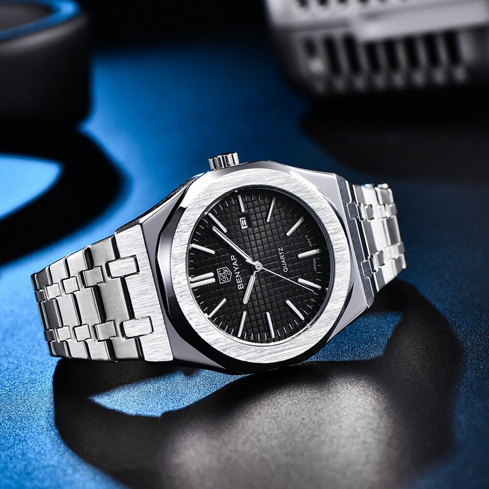 RELOJ HOMBRE LUJO BENYAR 5156 METÁLICO OCTOGONAL NEGRO - 4