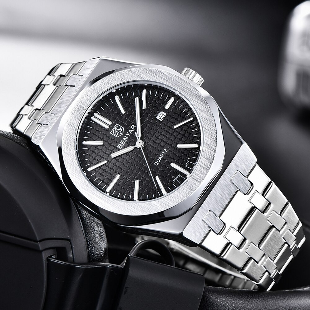 RELOJ HOMBRE LUJO BENYAR 5156 METÁLICO OCTOGONAL NEGRO - 5