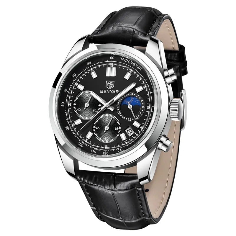 RELOJ HOMBRE BENYAR 5193 CRONÓGRAFOS CORREA CUERO NEGRO - 1