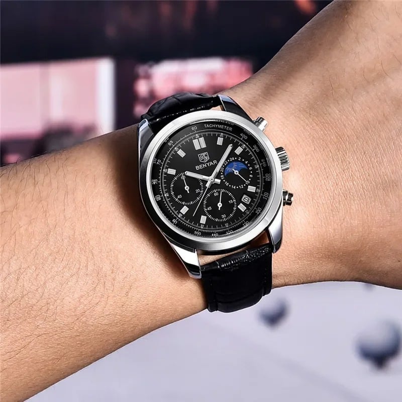 RELOJ HOMBRE BENYAR 5193 CRONÓGRAFOS CORREA CUERO NEGRO - 2