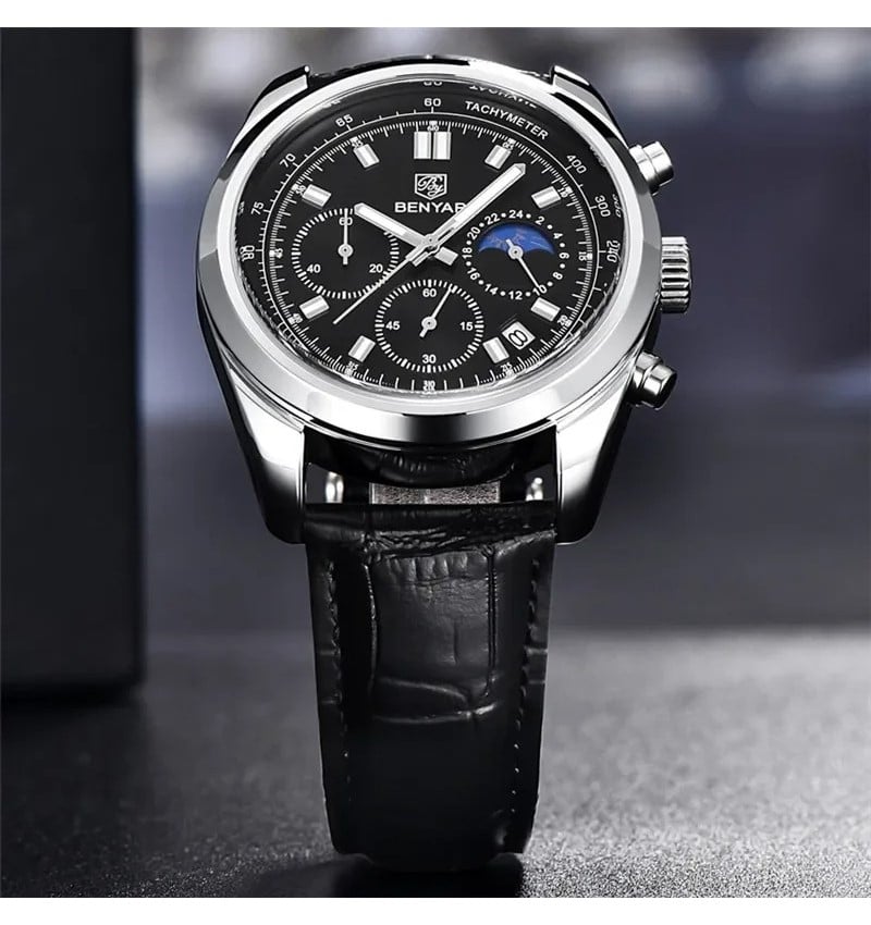 RELOJ HOMBRE BENYAR 5193 CRONÓGRAFOS CORREA CUERO NEGRO - 3