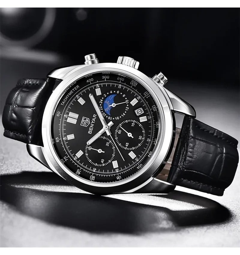 RELOJ HOMBRE BENYAR 5193 CRONÓGRAFOS CORREA CUERO NEGRO - 4