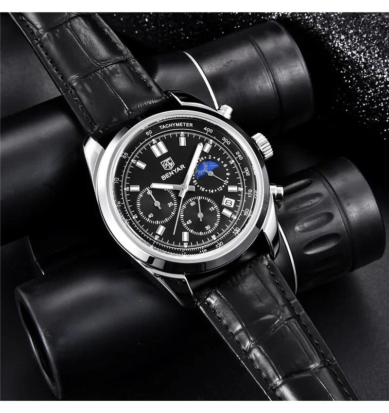 RELOJ HOMBRE BENYAR 5193 CRONÓGRAFOS CORREA CUERO NEGRO - 5