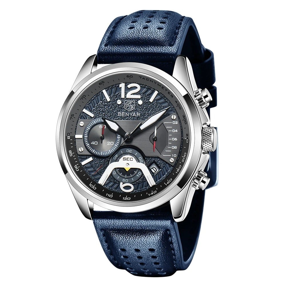 RELOJ HOMBRE BENYAR 5171 CRONOGRAFOS CORREA CUERO AZUL - 1