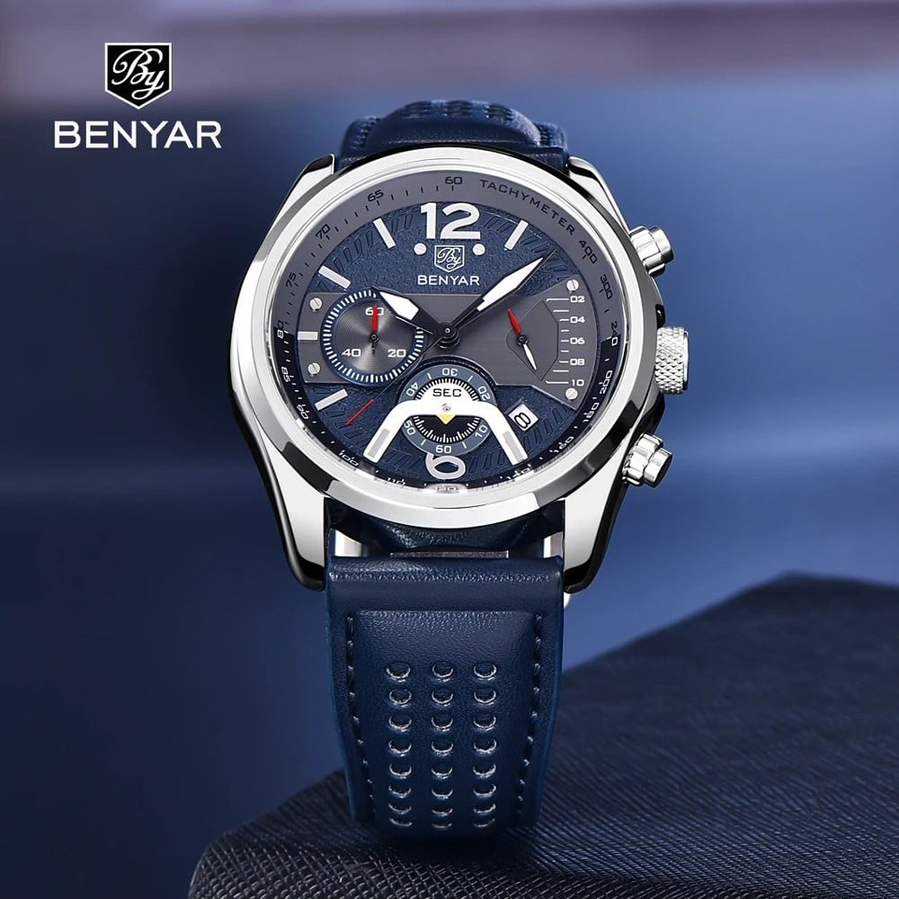 RELOJ HOMBRE BENYAR 5171 CRONOGRAFOS CORREA CUERO AZUL - 2