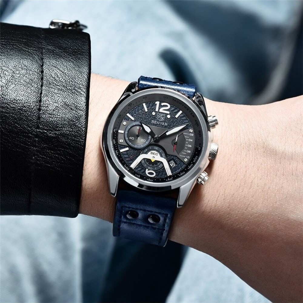 RELOJ HOMBRE BENYAR 5171 CRONOGRAFOS CORREA CUERO AZUL - 3
