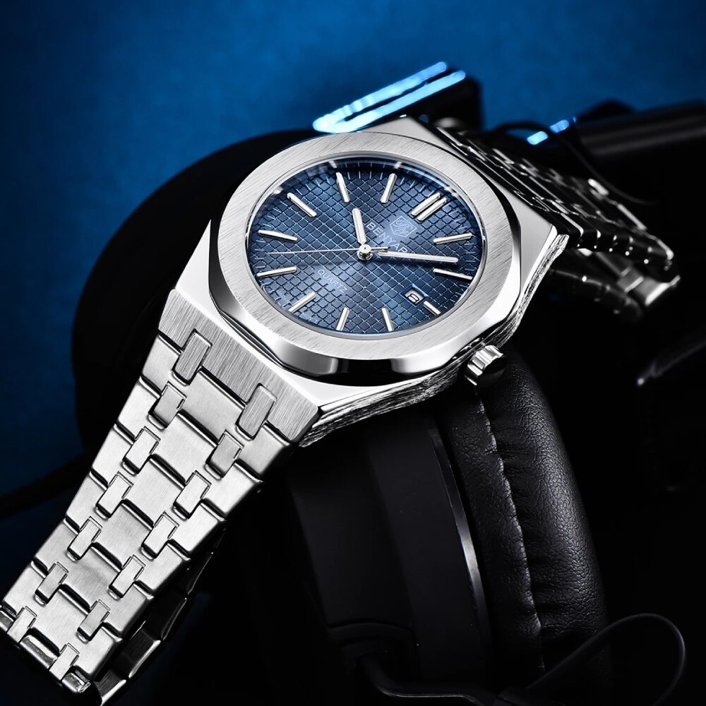 RELOJ HOMBRE LUJO BENYAR 5156 METÁLICO OCTOGONAL AZUL - 3