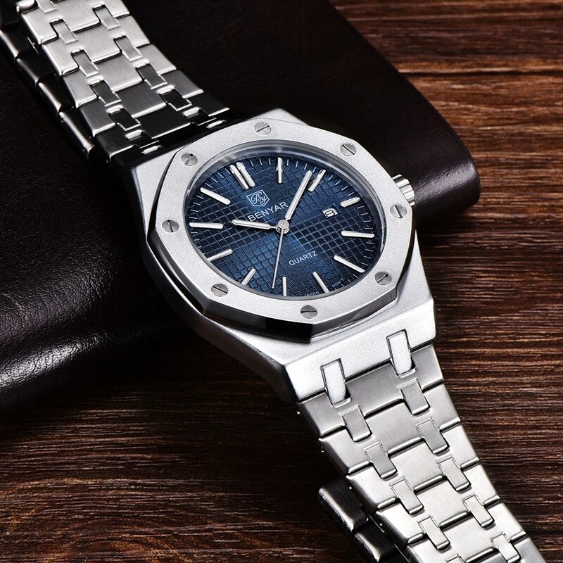 RELOJ HOMBRE LUJO BENYAR 5156 METÁLICO OCTOGONAL AZUL - 4