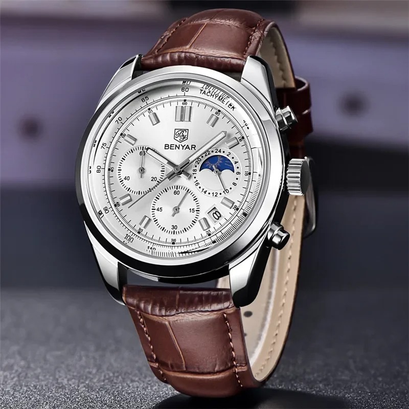 RELOJ HOMBRE BENYAR 5193 CRONÓGRAFOS CORREA CUERO MARRÓN - 4